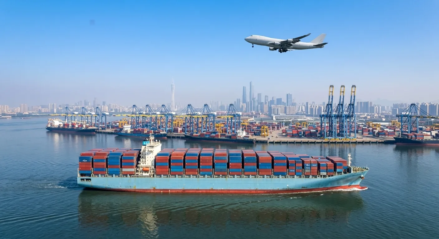 Navire porte-conteneurs et avion cargo quittant le port de Guangzhou
